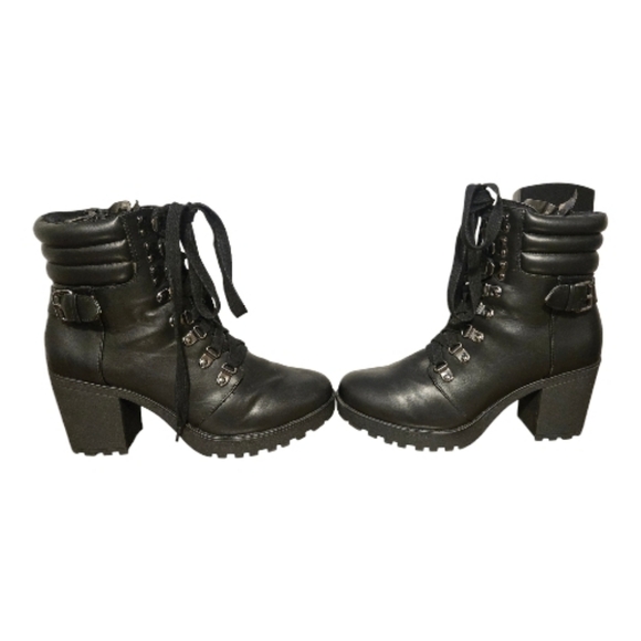 Shoes - MIA Black Chunky Heel Faux Leather Lace Up Boots Womens 8.5